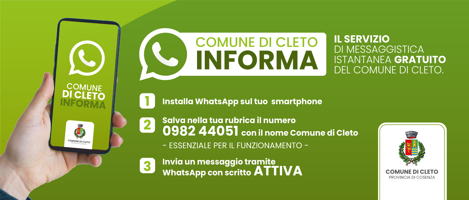 Servizio di messaggistica istantanea WhatsApp "Comune di Cleto Informa"